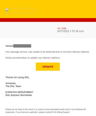 画像1:「Undelivered DHL(ParcelShipment)」という件名の悪質なメール