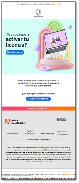 （画像4）Adobeを装い、「¡Activa tu licencia! Aprovecha sus beneficios」というスペイン語の件名で送信されたフィッシングメール