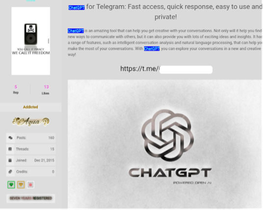 （画像3）アンダーグラウンドフォーラムに表示される、OpenAIボットを用いたテレグラムの広告