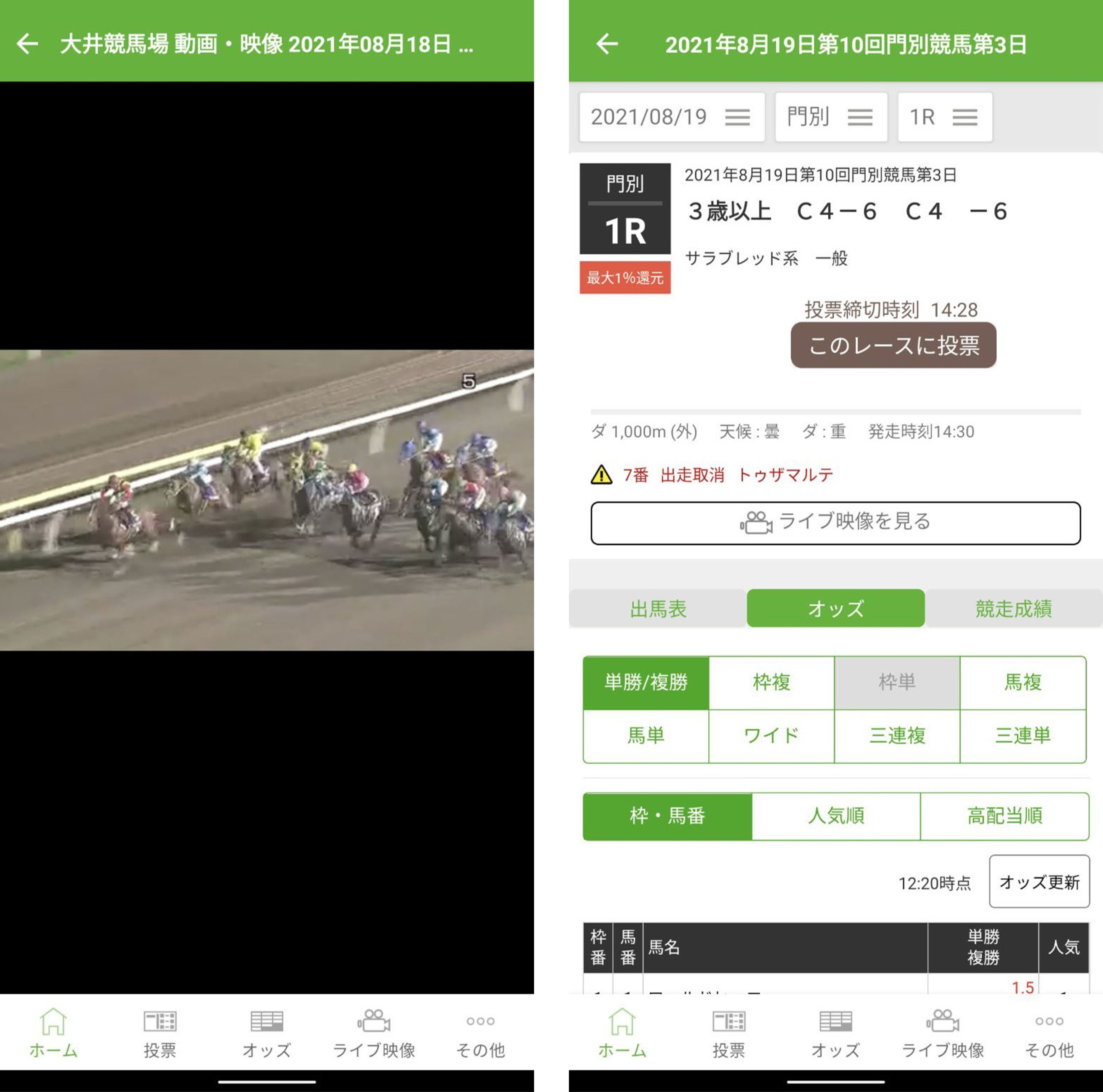 （左）地方競馬全場のレース実況映像を見ることができる（右）オッズのタブではタップするだけで簡単に投票方法や表示順を切り替えられる