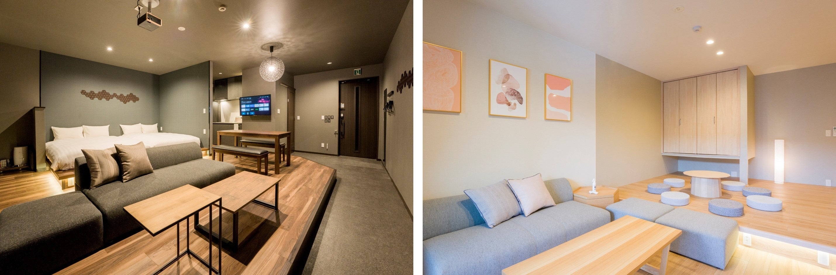 「Rakuten STAY 日光宝殿」の内観（左）ダークモダン（右）シンプル北欧
