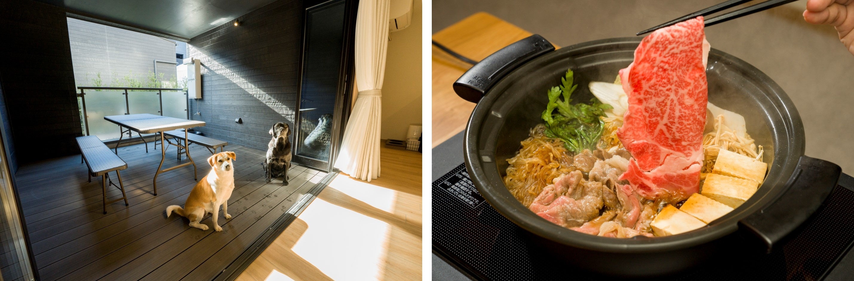 （左）ペットフレンドリールームのテラス（右）「とちぎ和牛」のすき焼き