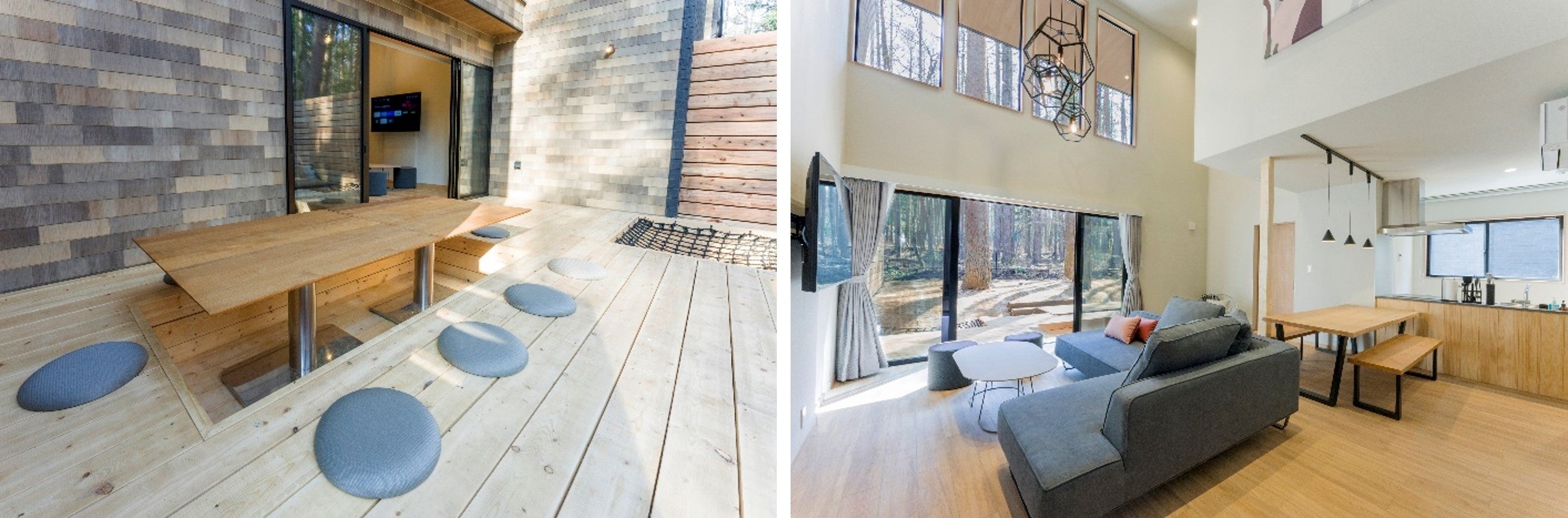 BBQも楽しめるウッドデッキ（左）屋外の自然を眺めながらくつろげるリビング・ダイニング（右）