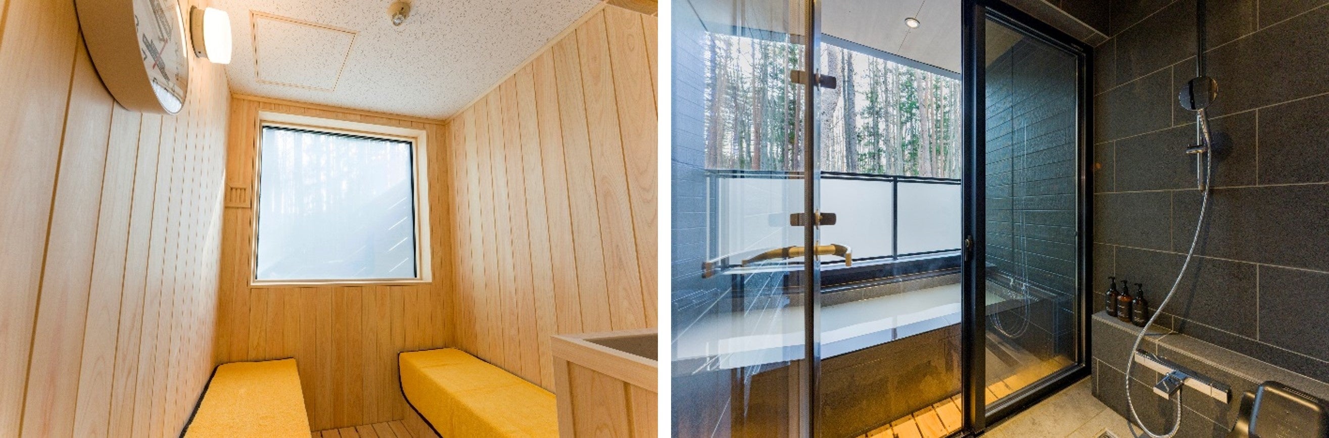 プライベートサウナ（左）半露天の人工温泉（右）