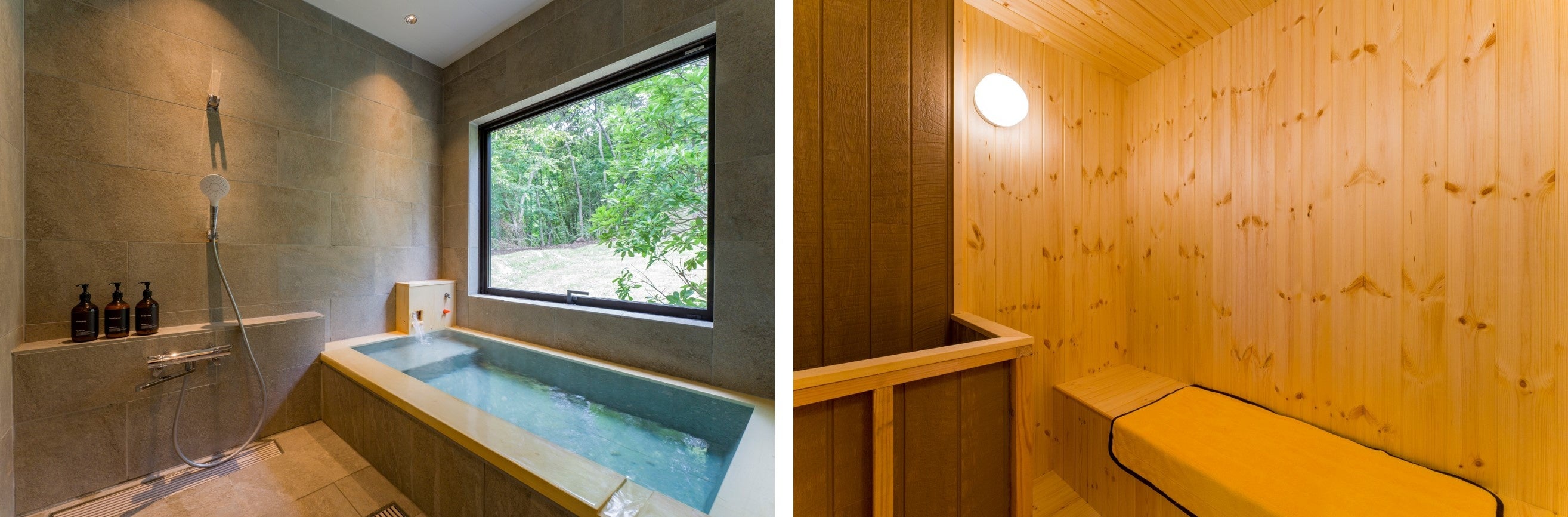 天然温泉を源泉かけ流しで楽しめる風呂（左）プライベートサウナ（右）