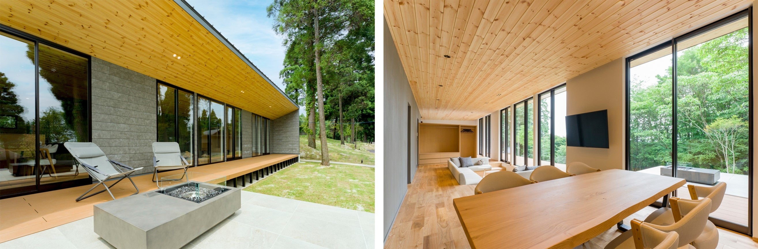 「Rakuten STAY VILLA 阿蘇黒川」の外観（左）内観（右）