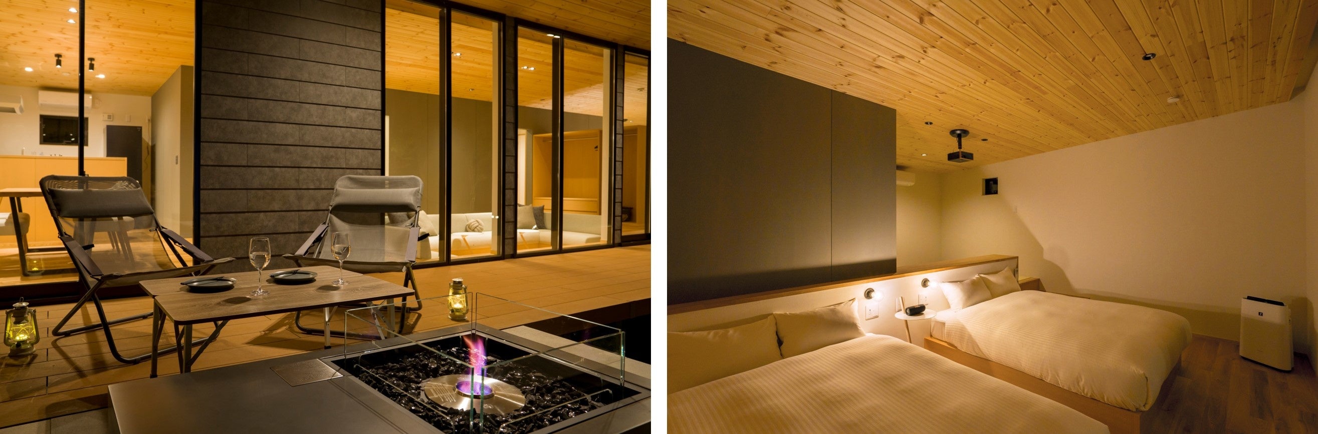 リラックスタイムを演出するファイヤーピット付きのウッドデッキ（左） 木のぬくもりに包まれくつろげるベッドルーム（右）