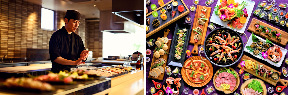 シティ＆レジャーカテゴリ1位 和歌山県「ブランシェット南紀白浜」のライブキッチンの様子、夕食ビュッフェ（一例）