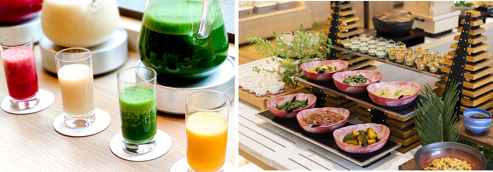 ビジネスカテゴリ1位 静岡県「ホテルオーレ　イン」の無料朝食で提供しているスムージー、ビュッフェ（一例）