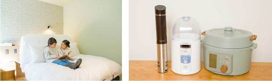 Bed&Mattress／電動アジャスタブルベッド（左）、アイリスオーヤマ／低温調理器、ヨーグルトメーカー、電気圧力鍋（右）