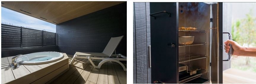 ジャグジーバス付テラス（左）、燻製器（右）