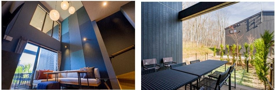 戸建てタイプの室内（左）とBBQも楽しめるテラス付きの専用庭（右）