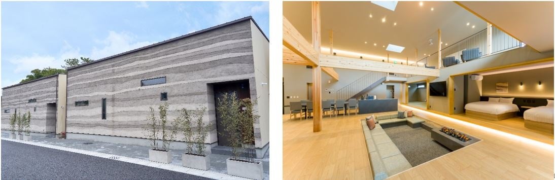 「Rakuten STAY VILLA 鴨川」の外観（左）とスイートルームの内観（右）