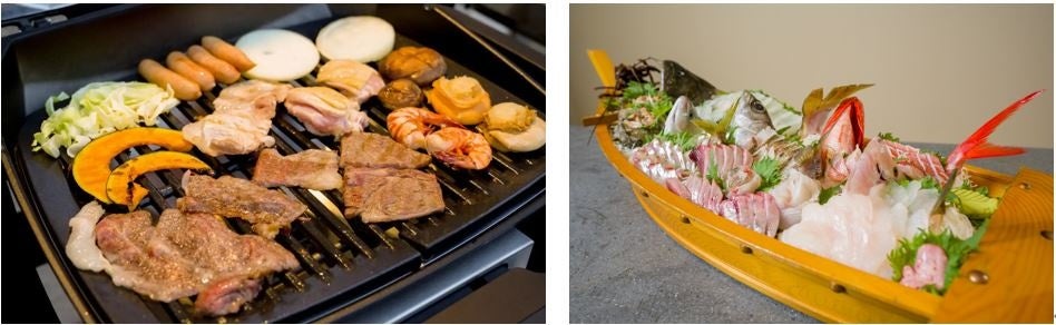 「かずさ和牛も入ったBBQセット」(左)と「お刺身舟盛セット」(右)