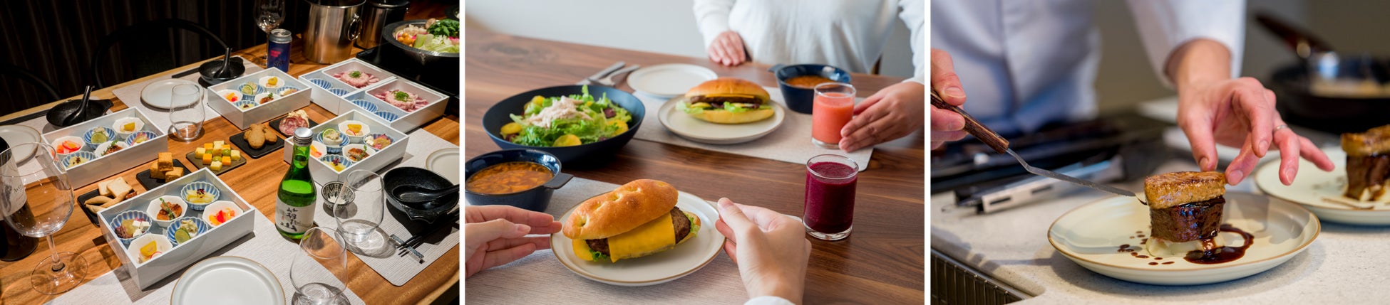 夕食の「国産鴨と湯葉のしゃぶしゃぶ鍋&おばんざいセット」(左)、洋朝食(中央)、出張シェフプラン(右)