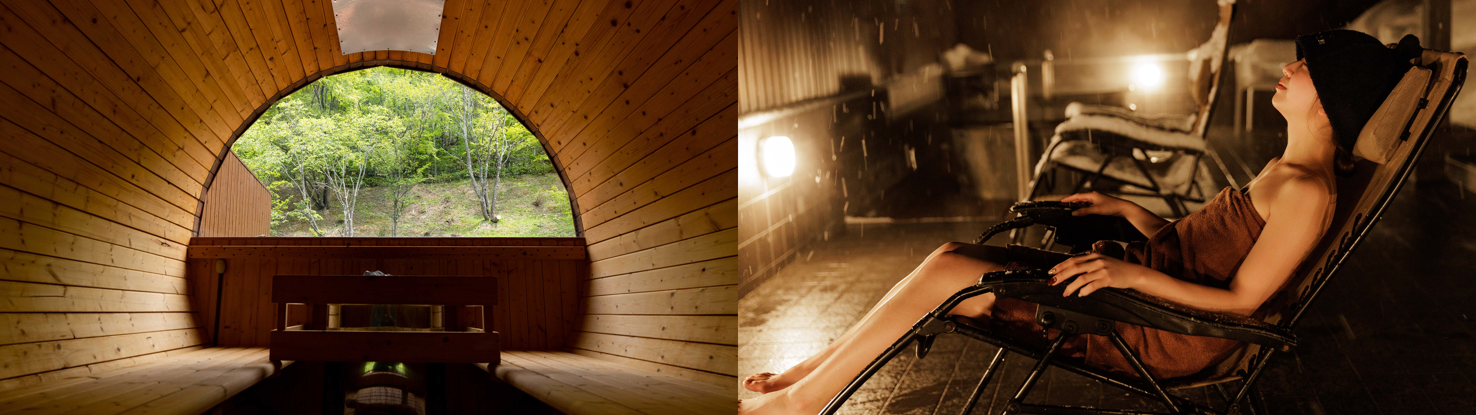 3位「芦別温泉スターライトホテル＆おふろｃａｆｅ星遊館　満天の星空×サウナリゾート」の「バレルサウナ」と外気浴の様子（一例）