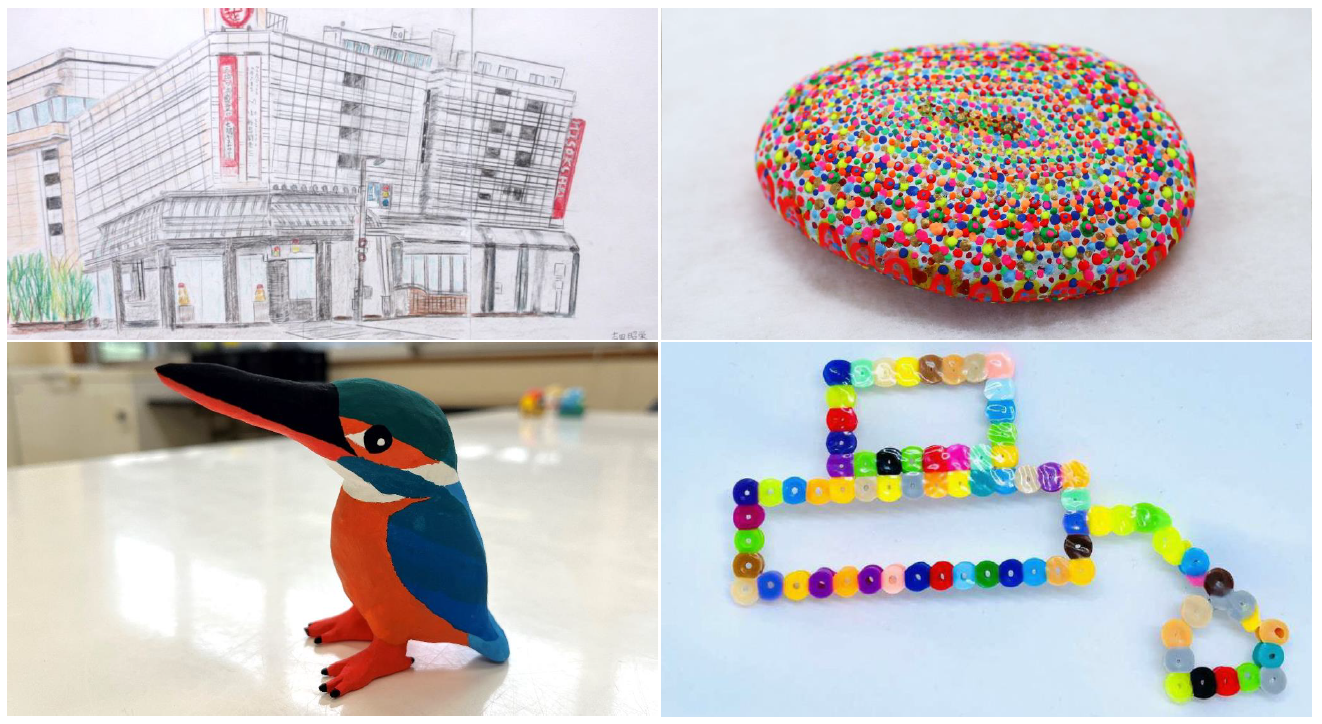 展示作品一例：左上から時計回りに、吉田 昭栄≪クリスマスの三越≫、栗宇 真白≪うみのなかま≫、S・T≪佳ユリのパソコン≫、嶋津 大佑≪カワセミ≫