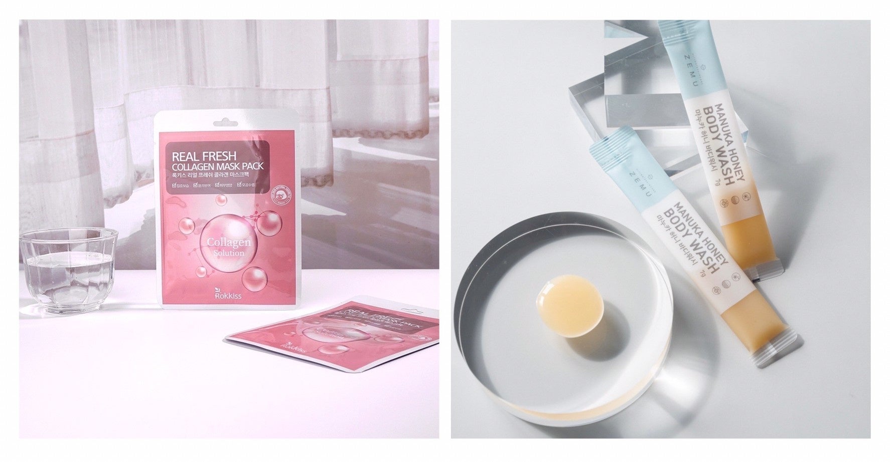 〈右〉Rokkiss リアルフレッシュ コラーゲンマスクパック　　　　　　　　　　　　　　　　　　　　　　　　　　　〈左〉ZEMU マヌカハニーボディウォッシュ スティックパウチ