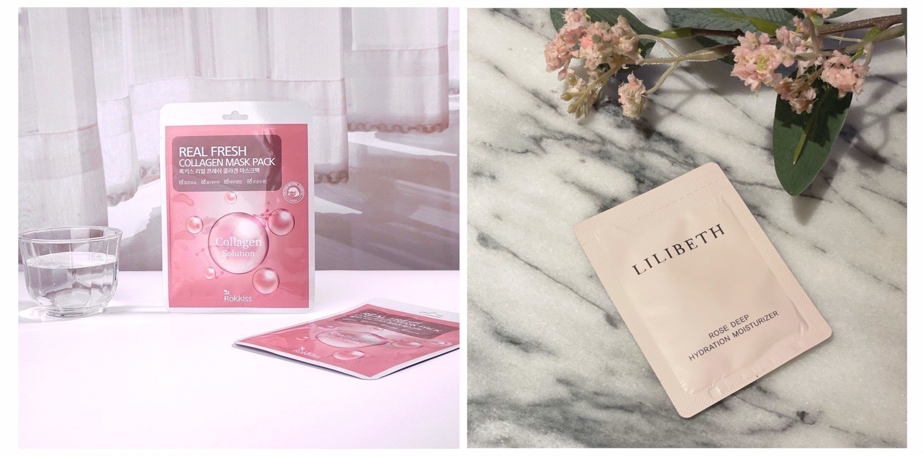 〈右〉Rokkiss リアルフレッシュ コラーゲンマスクパック　　　　　　　　　　　　　　　　　　　　　　　　　　　〈左〉LILIBETH ローズディープハイドレーションモイスチャライザー ミニサイズ