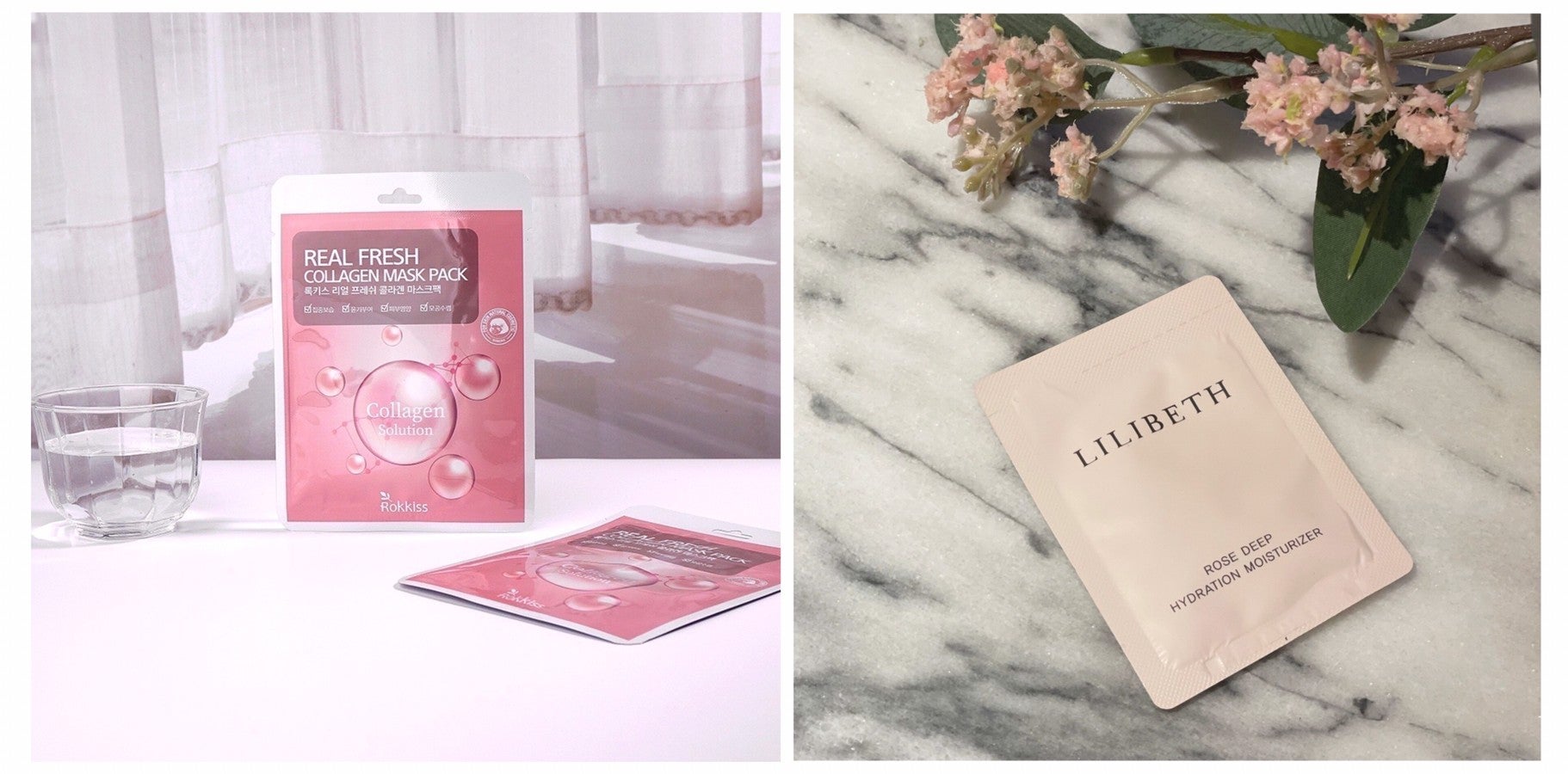 <Right> Rokkiss Real Fresh Collagen Mask Pack <Left> LILIBETH Rose Deep Hydration Moisturizer Mini Size”/><span class=