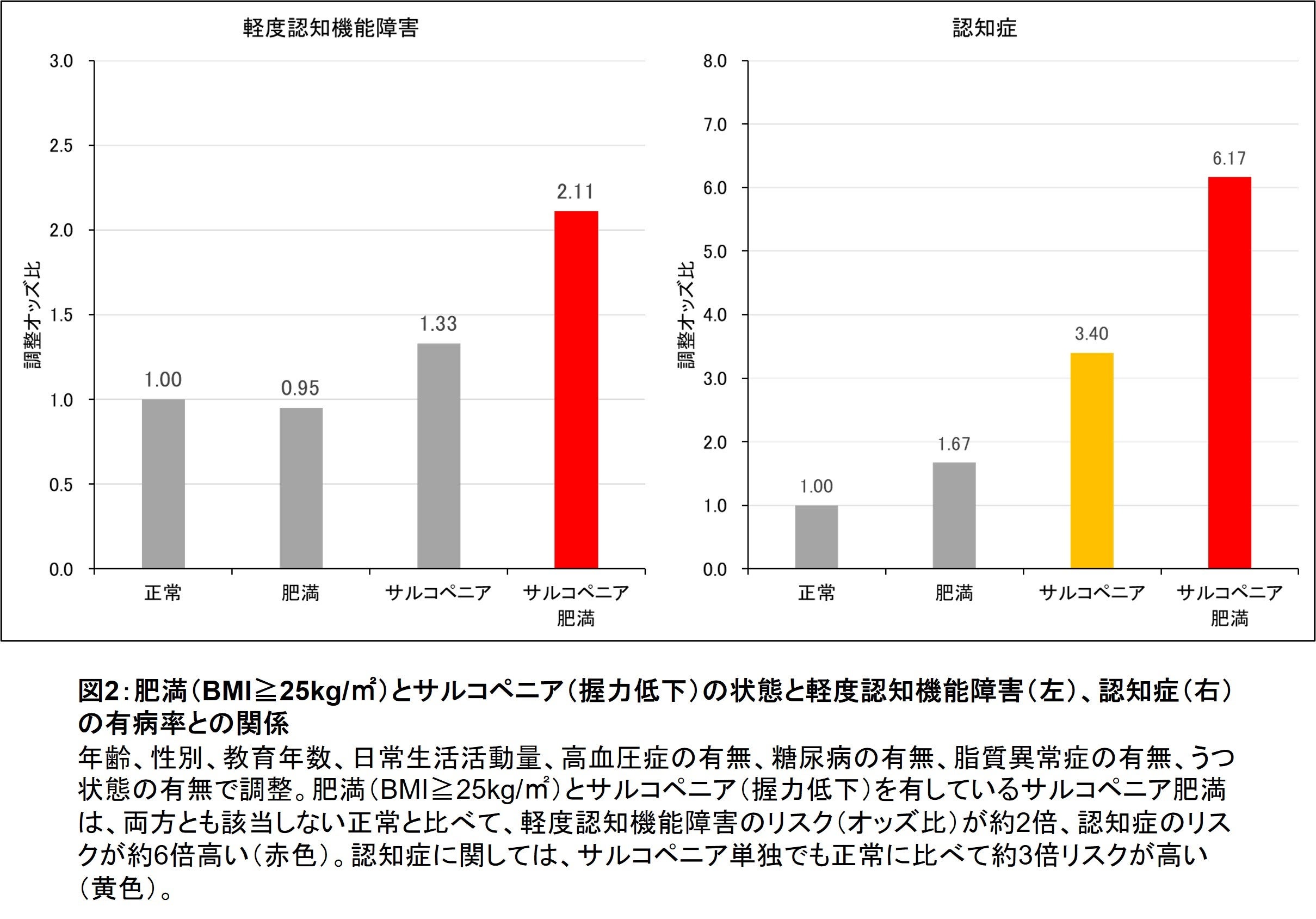 図2：肥満（BMI≧25kg／㎡）とサルコペニア（握力低下）の状態と軽度認知機能障害（左）、認知症（右）の有病率との関係