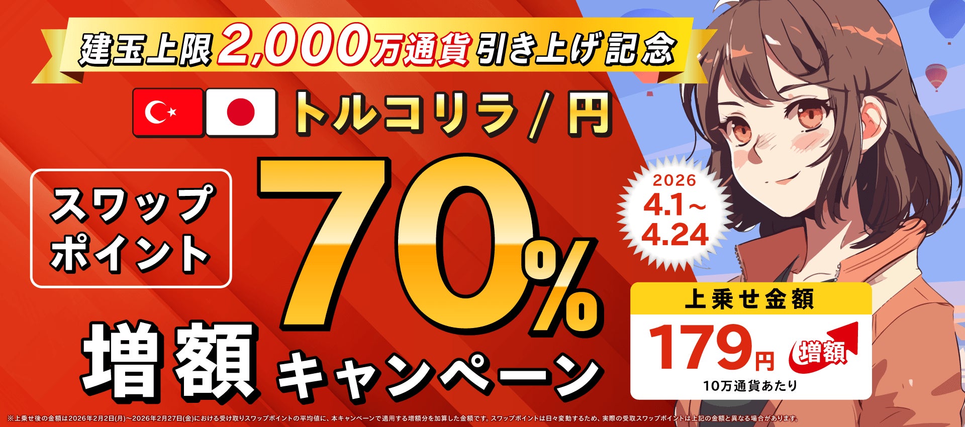 トルコリラ/円】建玉上限2,000万通貨引き上げ記念スワップポイント70 トルコリラ/円】建玉上限2,000万通貨引き上げ記念スワップポイント70