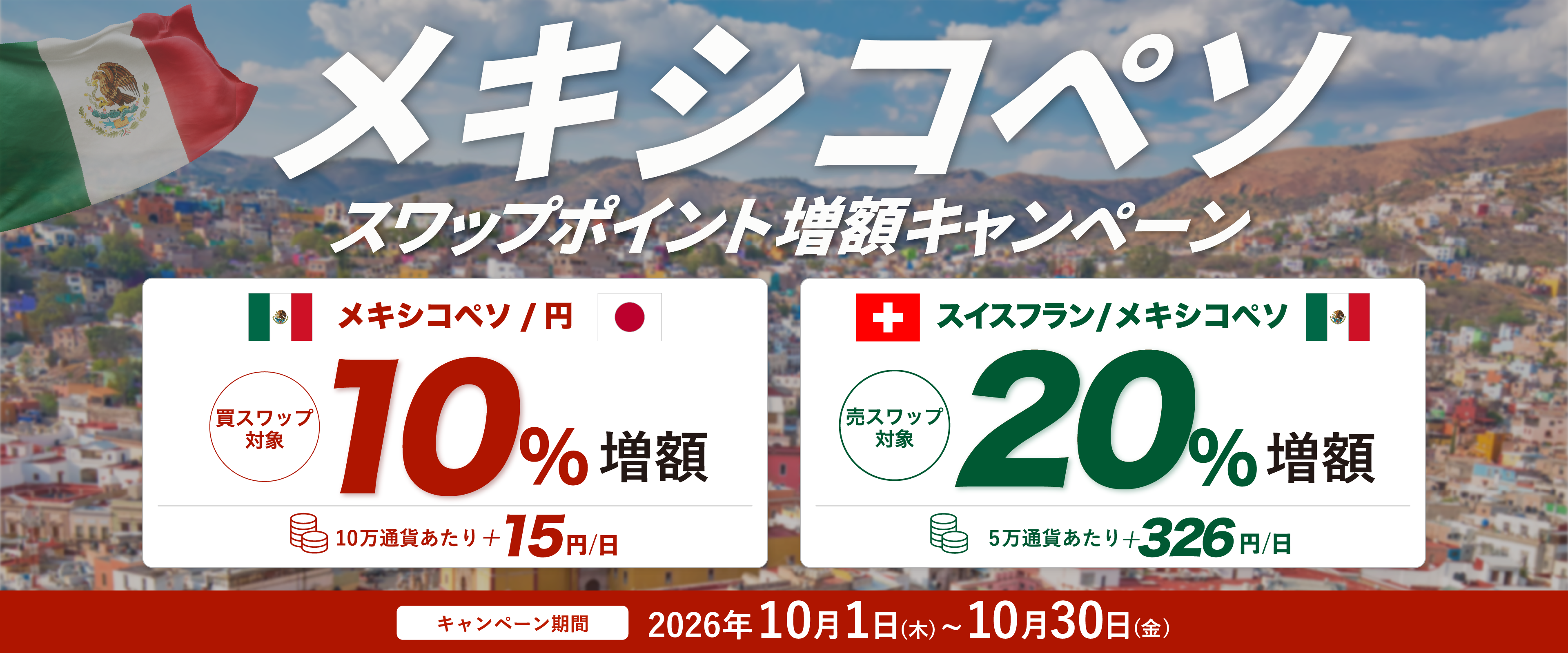 【トライオートFX】メキシコペソ/円・スイスフラン/メキシコペソスワップポイント増額キャンペーン開催！