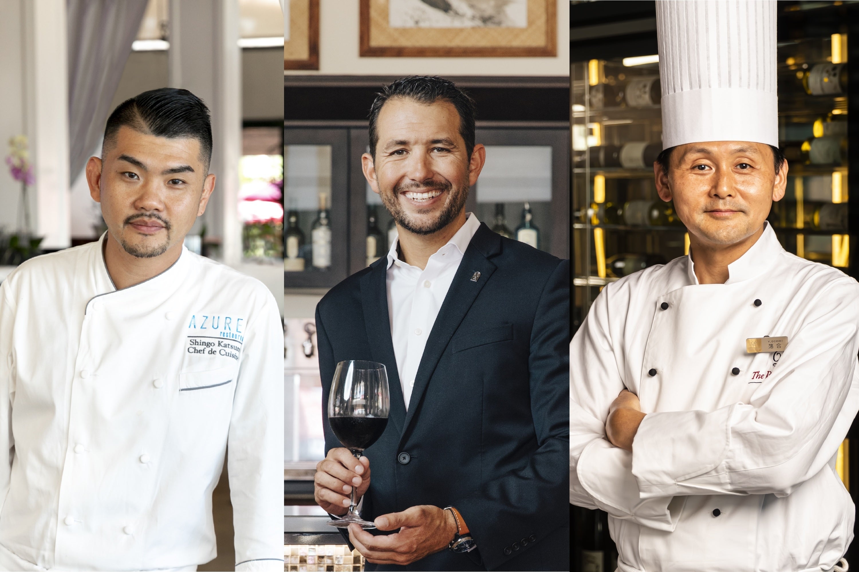 左からエグゼクティブシェフ シンゴ・カツラ氏、エグゼクティブソムリエ マイカ・スダーマン氏、料理長 落合吉紀（ザ・プリンスギャラリー 東京紀尾井町）