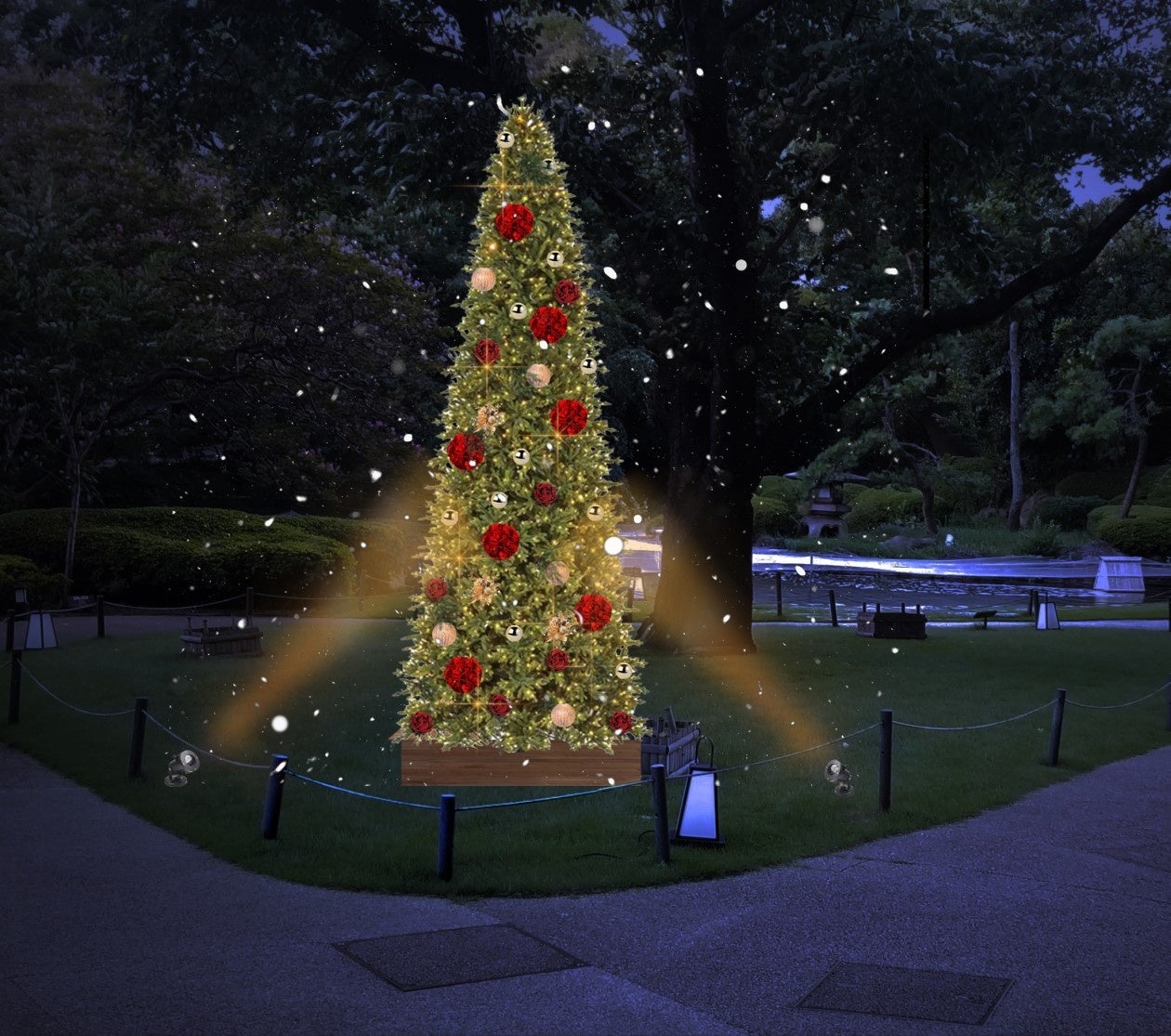 日本庭園のバラをあしらった約5mのクリスマスツリー