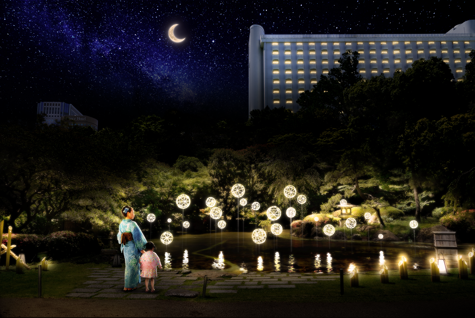 宵闇の蛍を彷彿とさせる幻想的な竹まりが池に登場