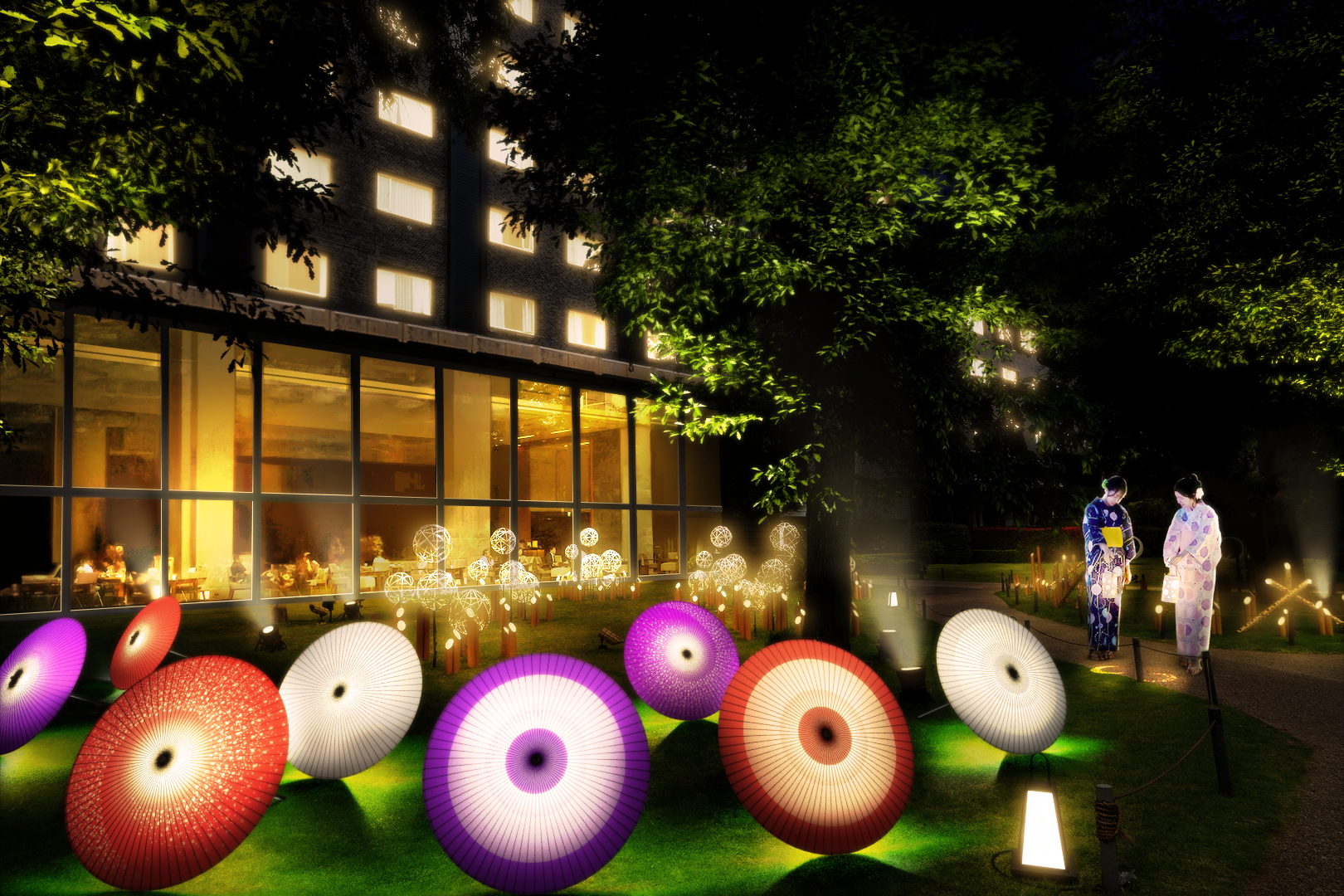 江戸を思わせる色鮮やかな番傘で日本庭園を粋に演出