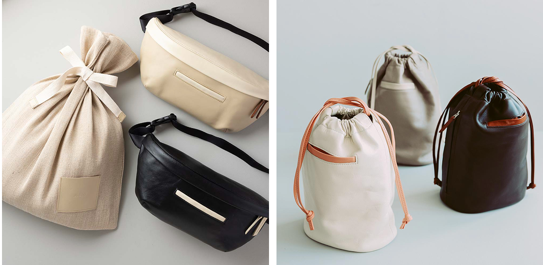 左図：レザーボディバッグ、右図：レザー巾着バッグ