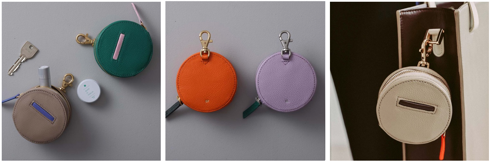左：コンパクトながら収納抜群　中央：フックの色はゴールドまたはシルバーから選択でき、また外側に名入れ刻印ができる　右：バッグなどに取り付け可能