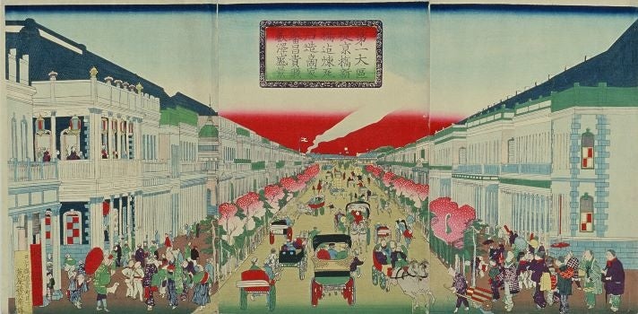 第一大区従京橋新橋迄煉瓦石造商家蕃昌貴賤薮澤盛景 歌川国輝(二代) 明治6年(1873)