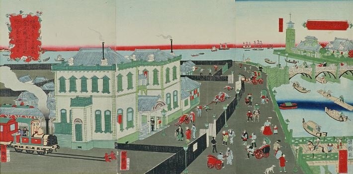 「横浜商館並ニ辨天橋図 横浜ステーション蒸気入車之図 並ニ海岸洋船燈明台を眺望す」歌川国鶴 年不明