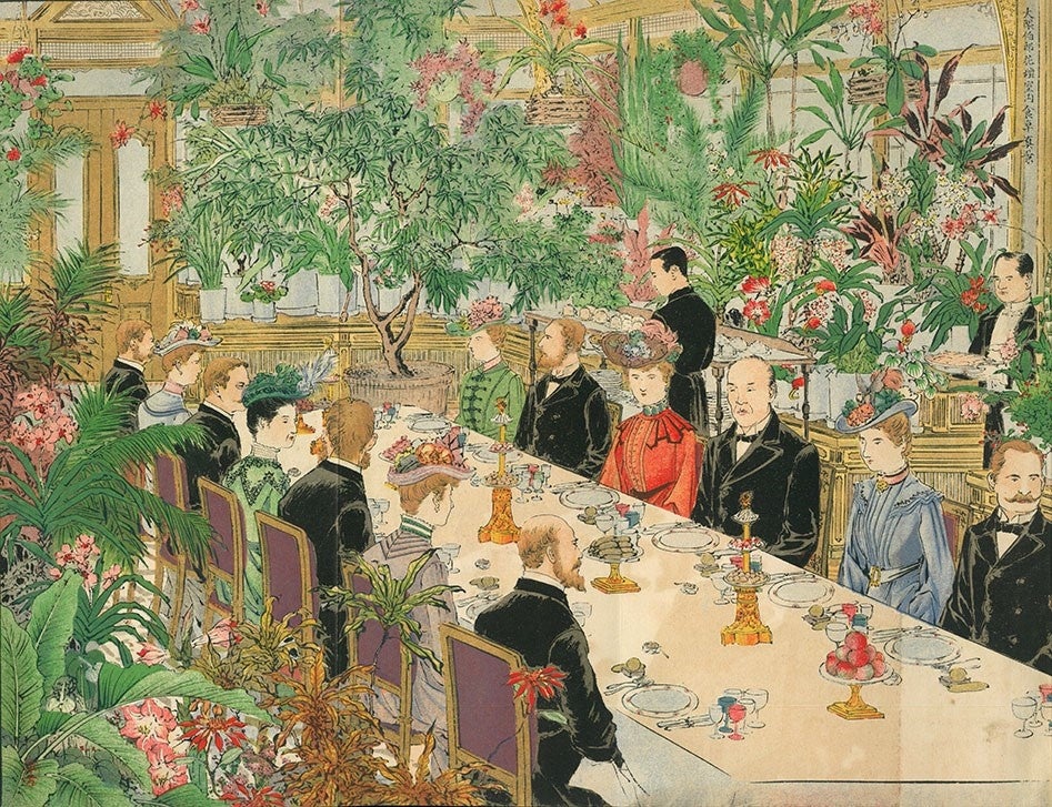 口絵「大隈伯爵家温室内の食卓」                 増補註釈『食道楽』 冬の巻 明治37年(1904)