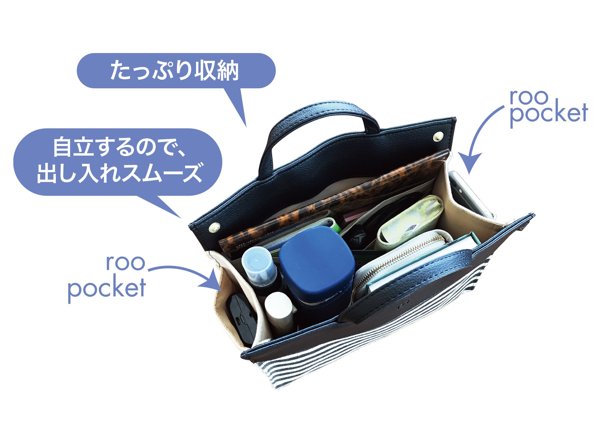 内側6つ、外側2つ、トータル8つのポケットにガジェット類を収納