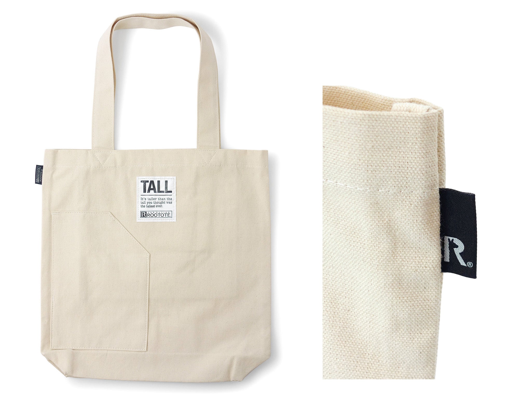 裏面についた「ルーポケット」。カンガルーのシルエットが隠れているROOTOTEのブランドタグ。