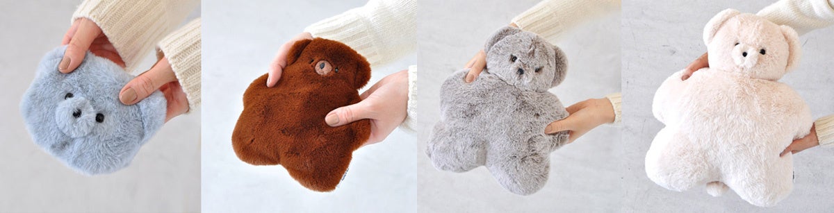 左から　テディウォーマーS、テディウォーマーM、テディウォーマーL、テディブランケット