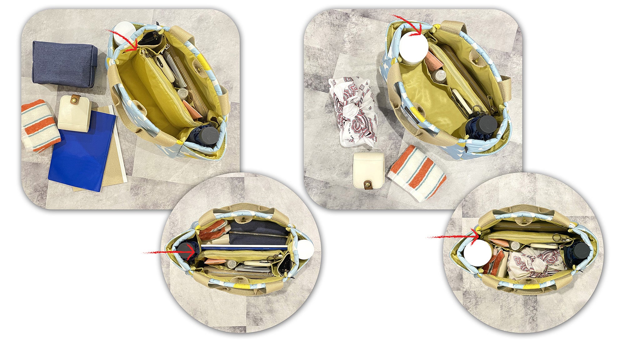 〈左側〉お弁当のない日：仕切りを中央に寄せて区切って使えます 〈右側〉お弁当のある日：仕切りを片側に寄せて広く使えます