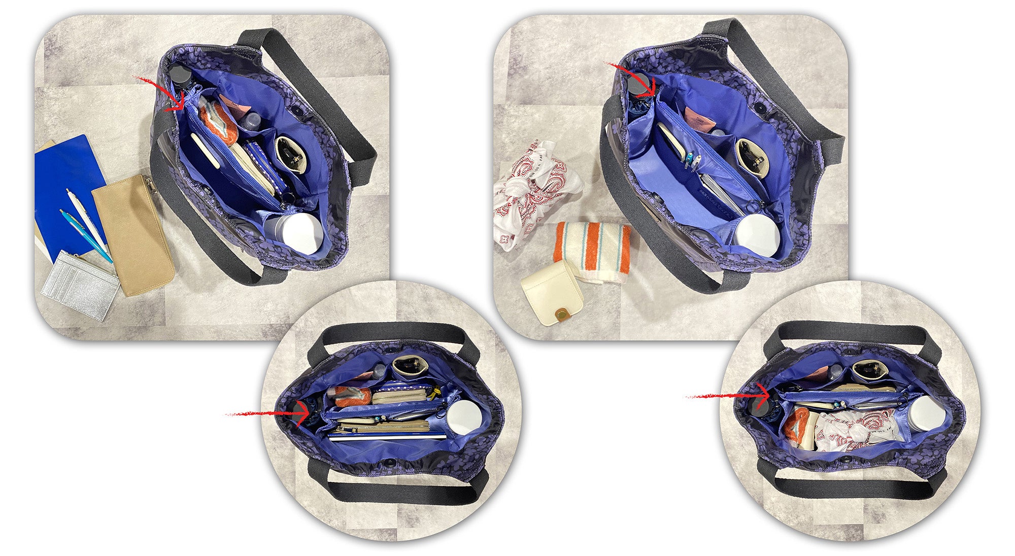 〈左側〉お弁当のない日：仕切りを中央に寄せて区切って使えます 〈右側〉お弁当のある日：仕切りを片側に寄せて広く使えます