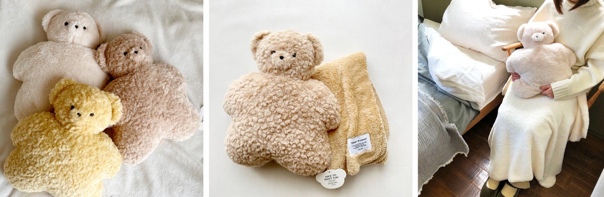 抱きかかえられるサイズのテディの中にはフリースのブランケットが入っています