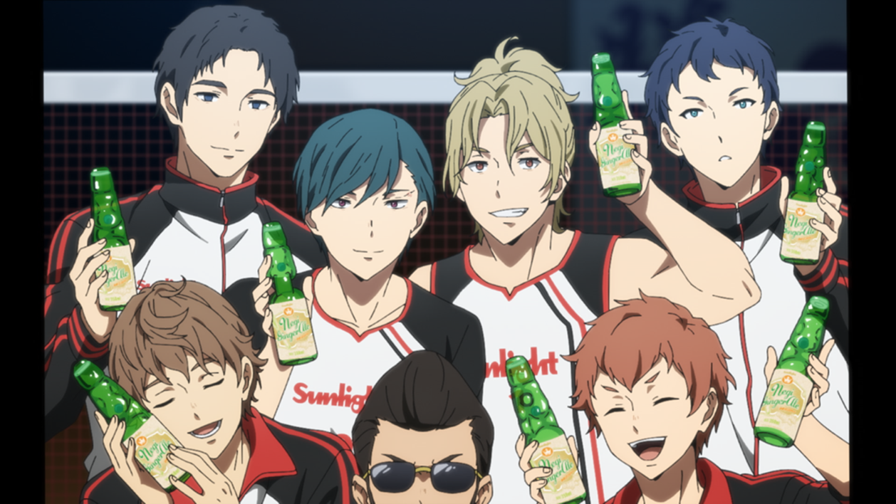 主人公たちとサンライトビバレッジ社製「ネギジンジャー」©Team RMC／サンライトビバレッジ広報部