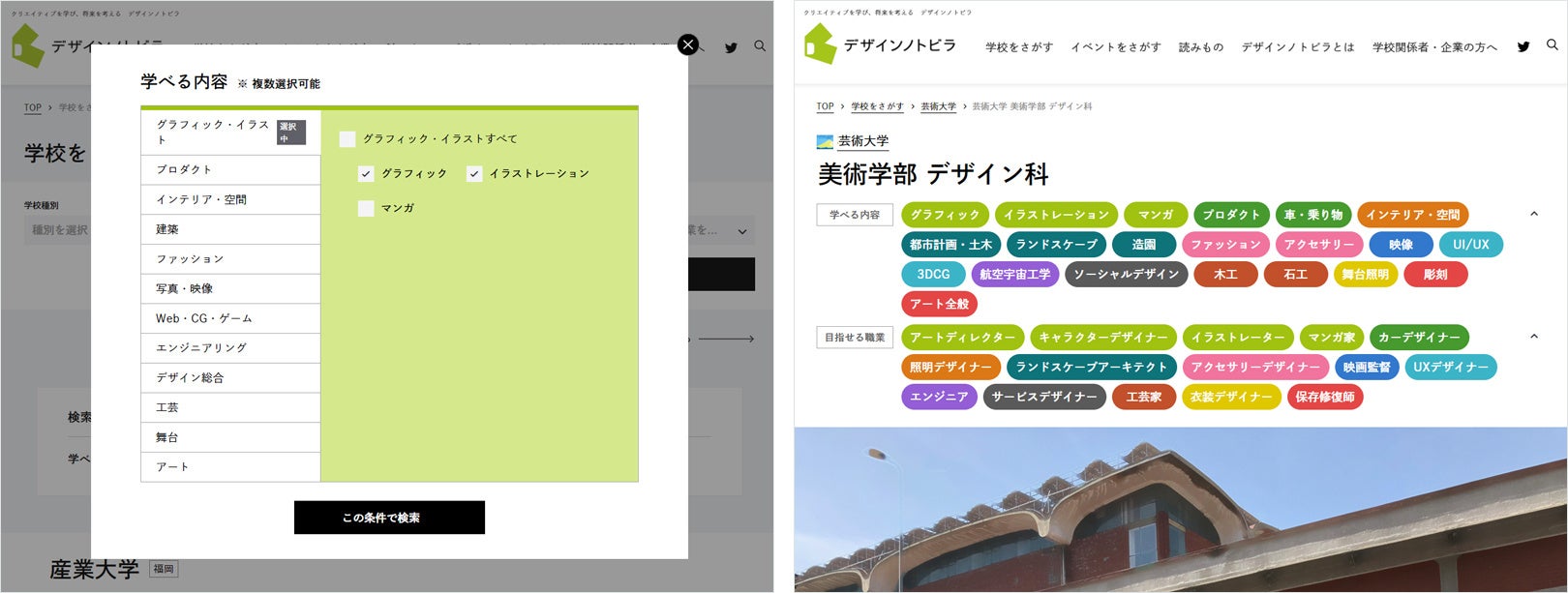 左:「 学校をさがす」検索画⾯。「学べる内容」「⽬指せる職業」から検索可能。右:学校の学部学科紹介。タグ付けすることで、横断的に検索可能に。