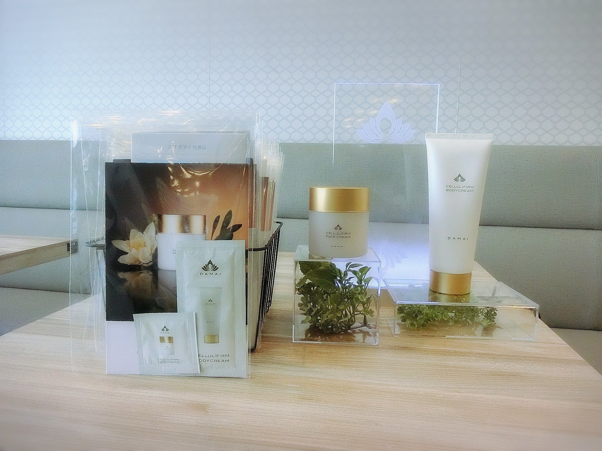 来場者に配布したダマイプロダクトパウチセットと施設内に展示された製品