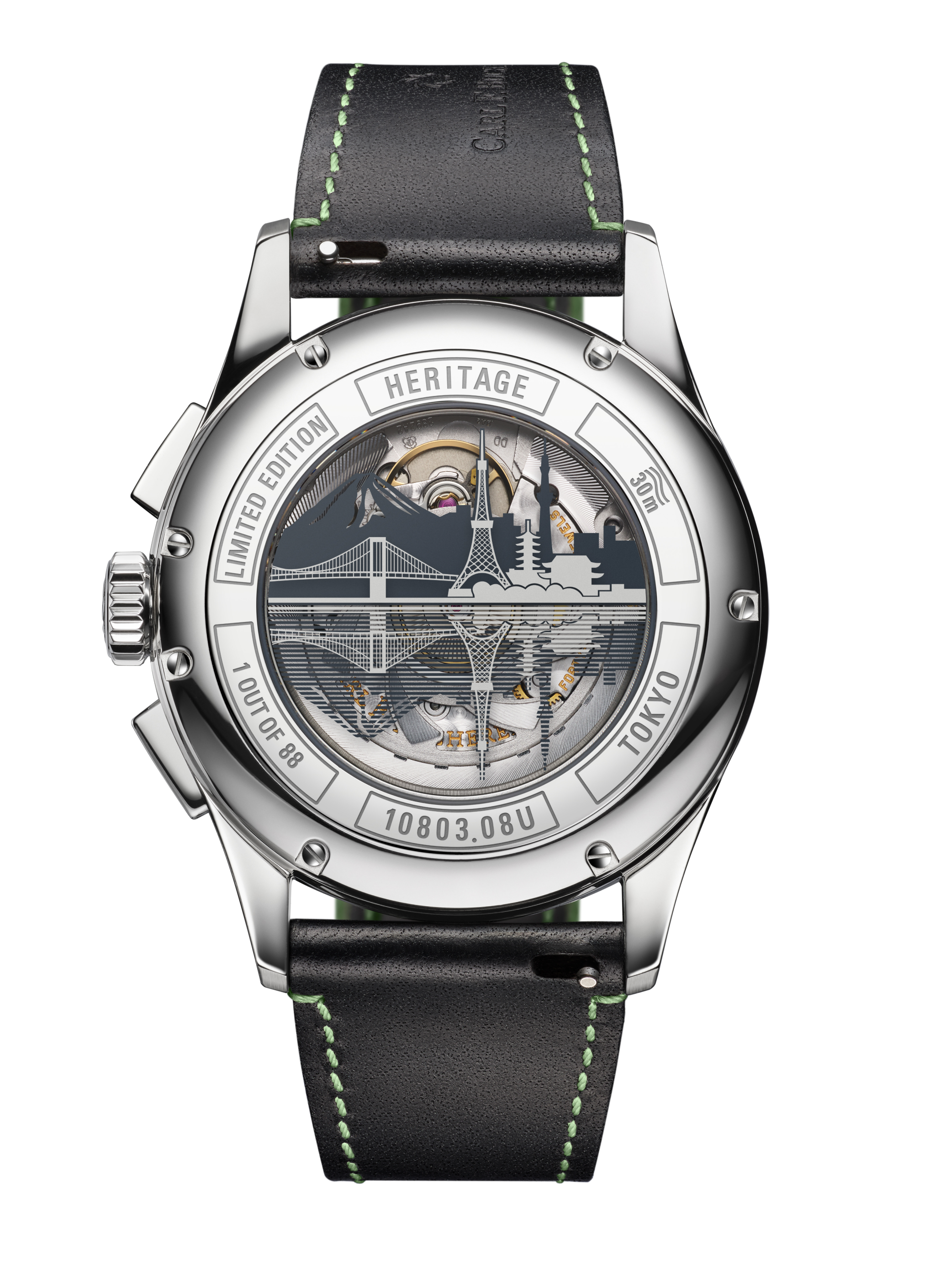 ケースバックにはレインボーブリッジ、東京タワー、スカイツリー、浅草寺、背景には富士山が描かれています。