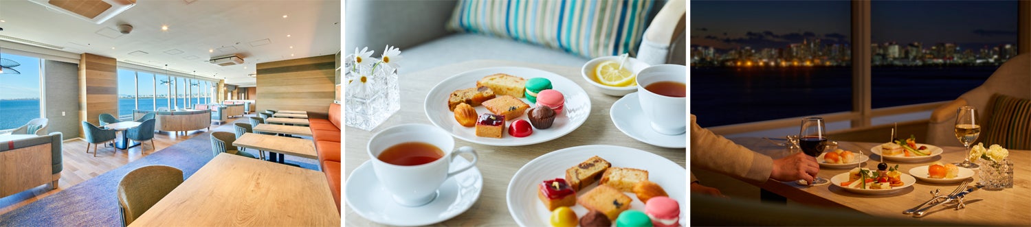 （左）ニッコーラウンジ内観　（中央）ティータイムイメージ　（右）カクテルタイムイメージ