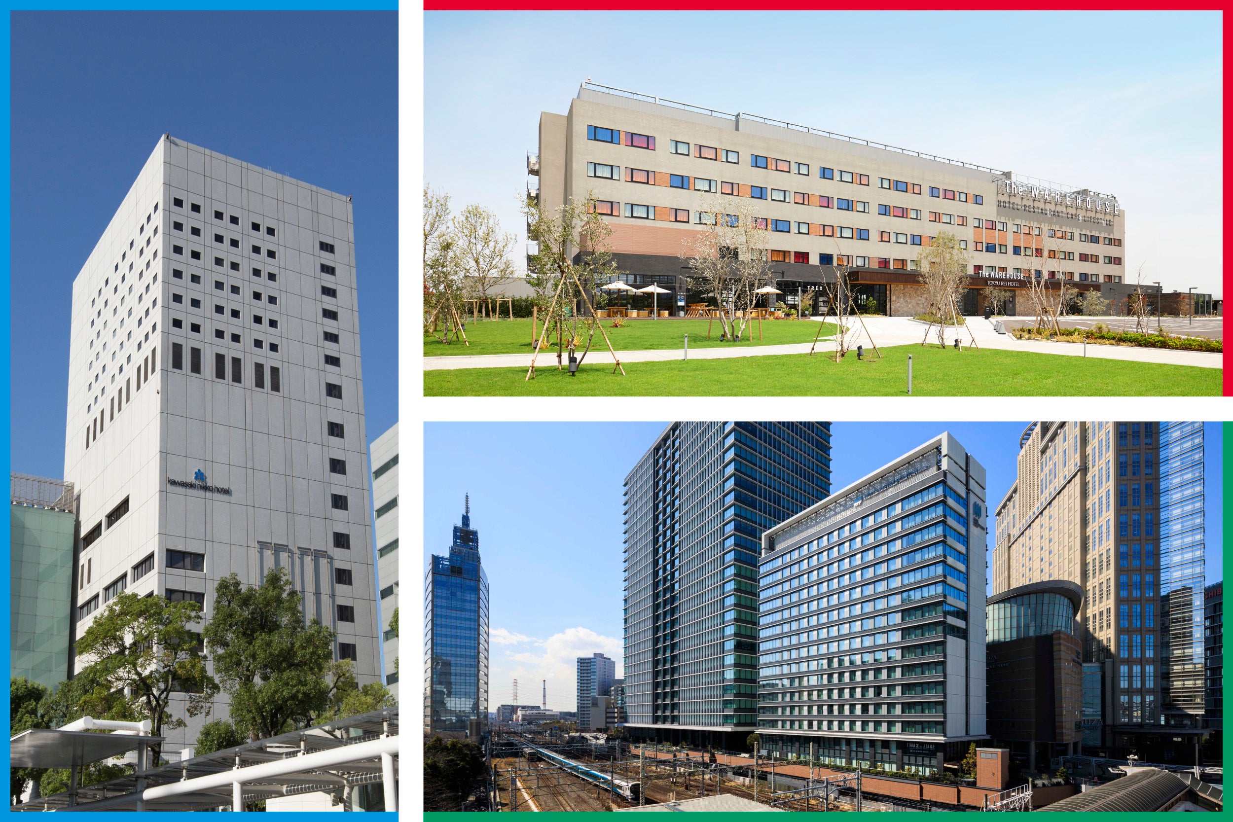 川崎日航ホテル（左）、川崎キングスカイフロント東急REIホテル（右上）、ホテルメトロポリタン 川崎（右下）