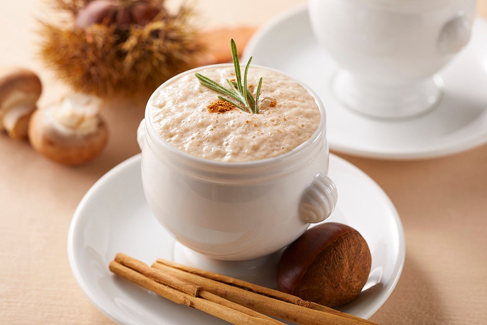 栗とりんごのフランとマッシュルームのポタージュ カプチーノ仕立て