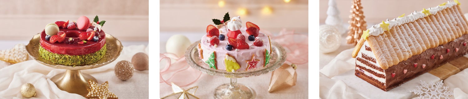 左：リースローズ／中央：マスカルポーネとカシスのムースケーキ／右：キャバンヌ フォレノワール